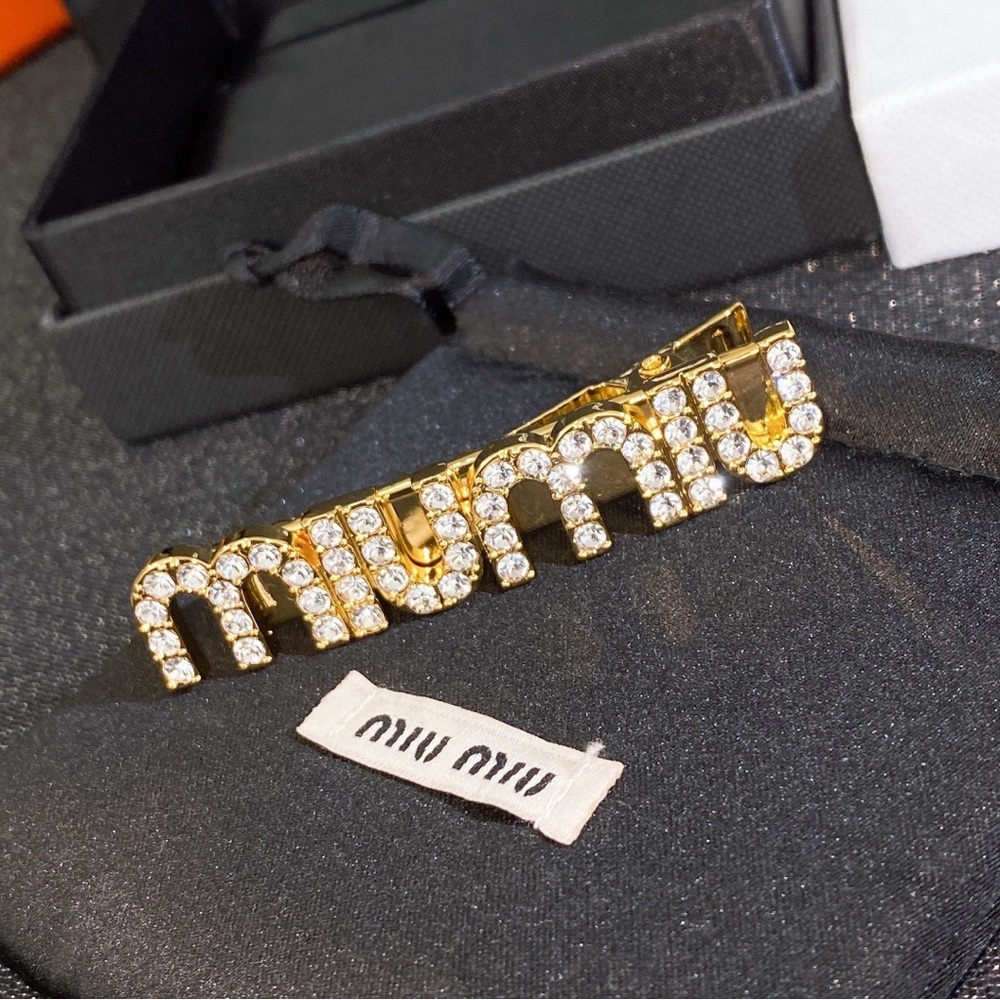 Miu Miu Gold Crystal Logo Hair Clip